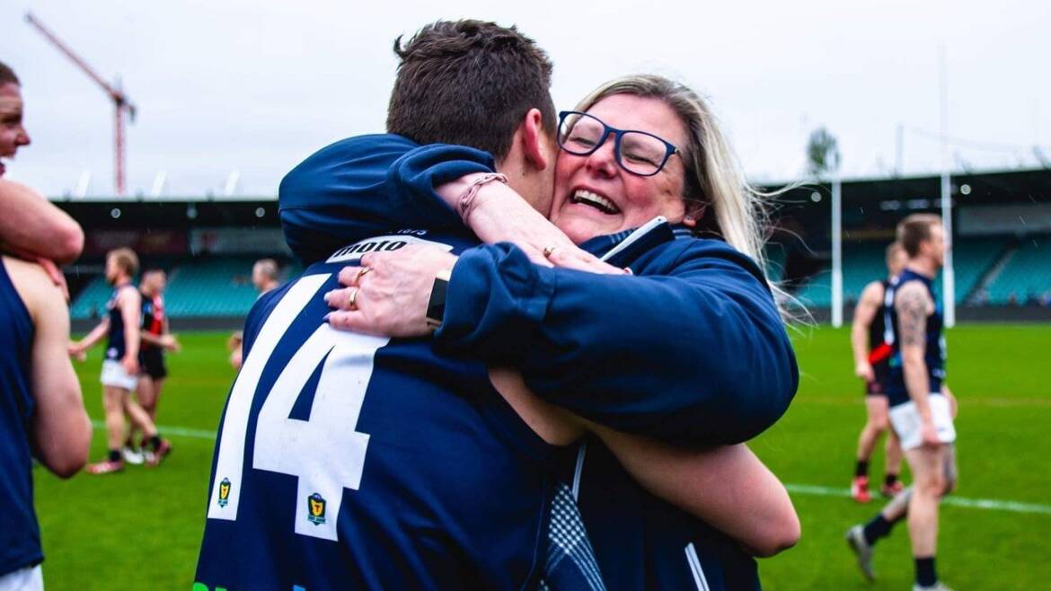 LOVE: Launceston's Casey Brown and his mum, club president Sandra Boland, share a grand final winning moment. Picture: Linda Higginson