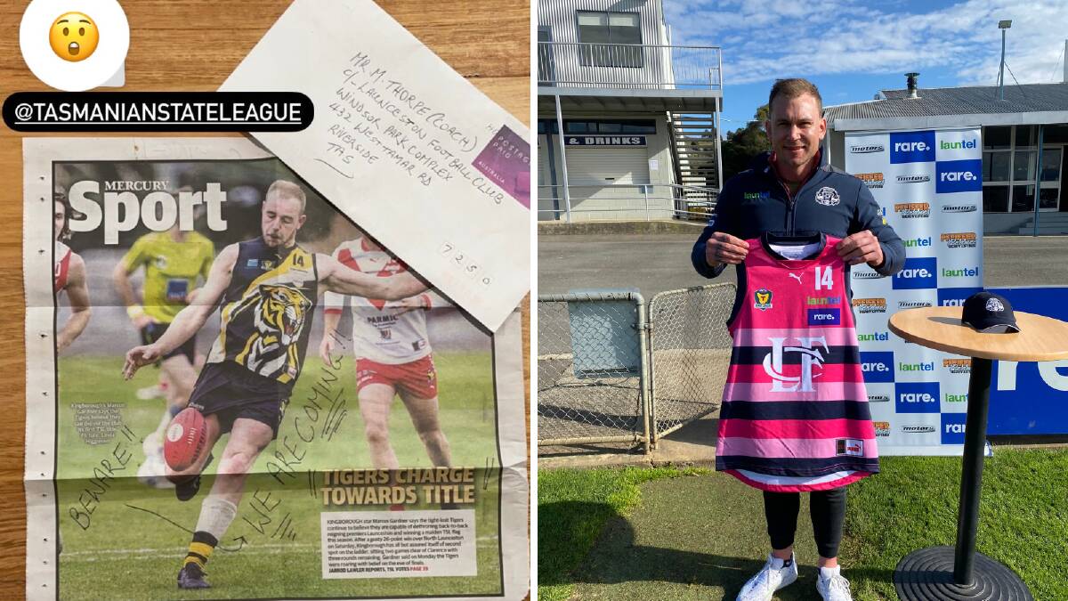 Launceston coach Mitch Thorp, who is showing off the club's pink day guernsey in the photo on the right, received a letter from someone this week. Pictures: Instagram, Josh Partridge
