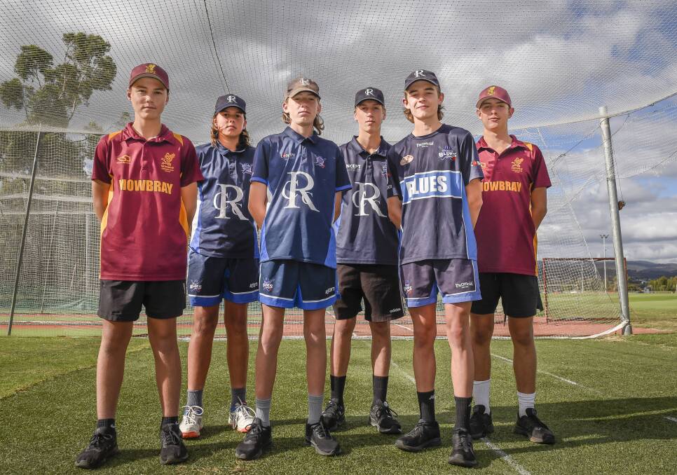 Standing tall: Mowbray's Thomas Dwyer and Will Barns stand beside Riverside's Caleb Brewer, Kaidyn Apted, Fletcher Reid and Aidan O'Connor. Picture: Craig George