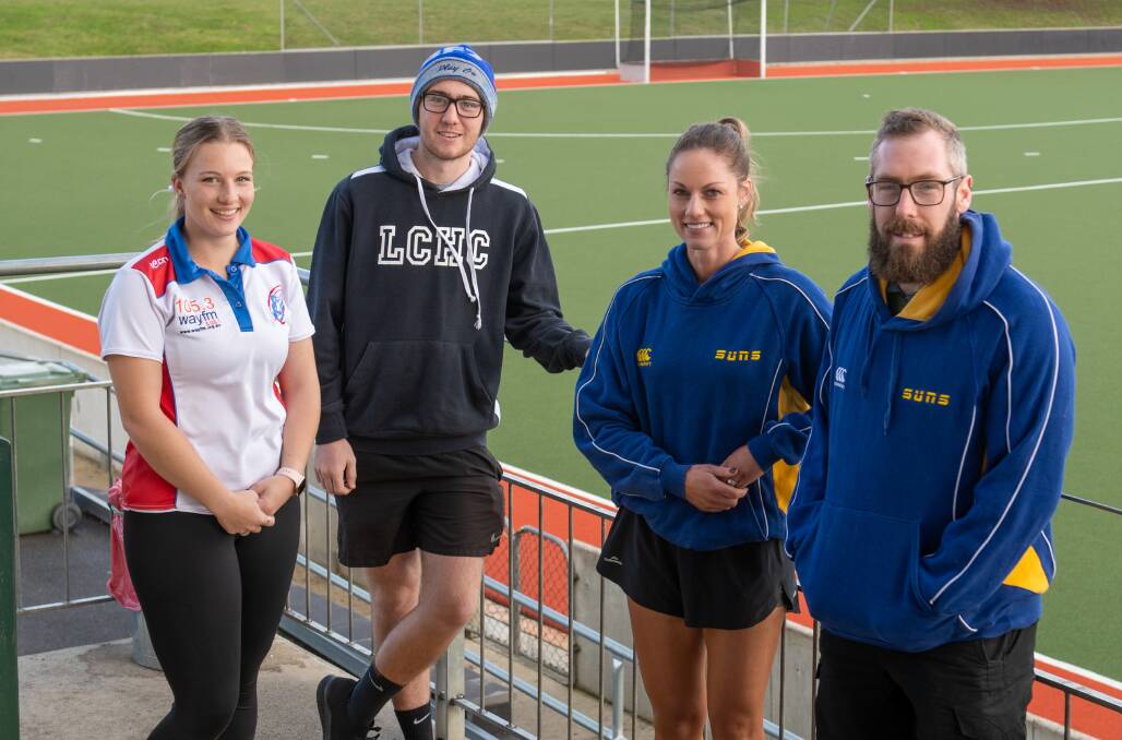 Ready to go: Queechy's Isabella McRobbie, Launceston City's C-Jay Denman and South Launceston duo Alice Hendry and Jamie Pinner. Picture: Paul Scambler