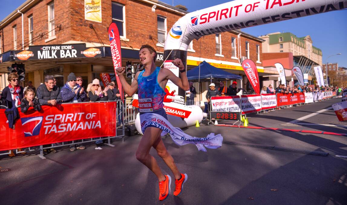Jack Rayner celebrates his win in the Launceston 10km race last year, an event which won't be held in 2019.