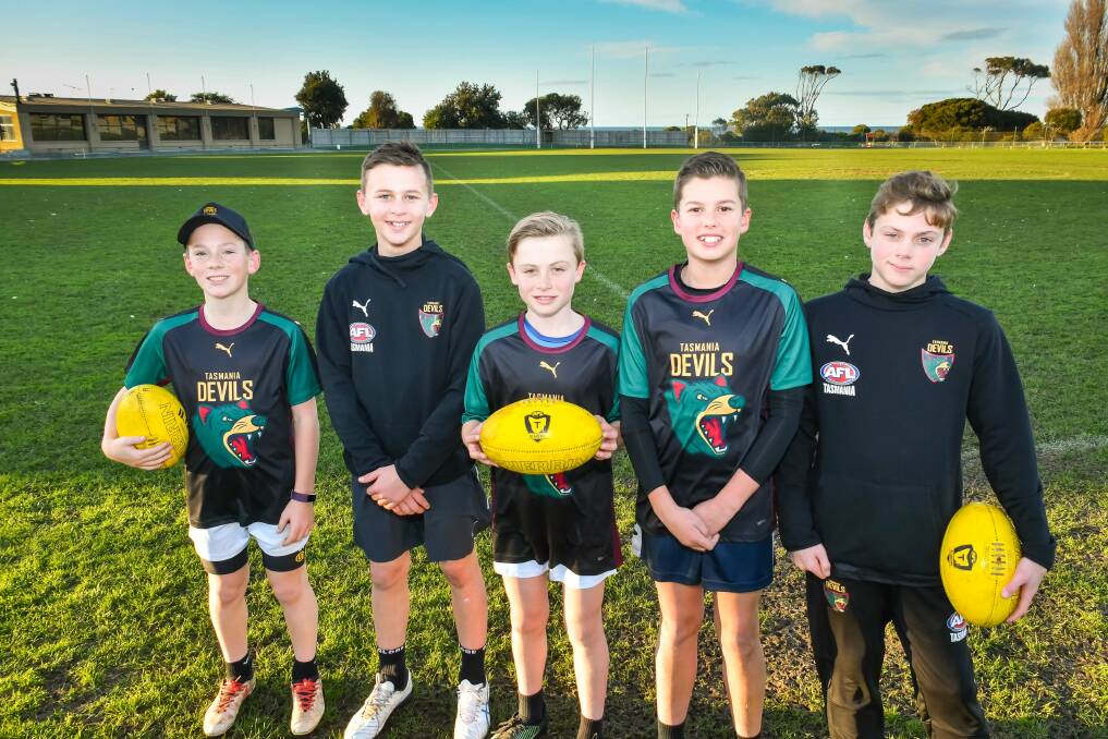 Under-12 represtatives Nick Smart, Toby Callow, Lucas Wootton, Caleb Brewer and Maverick Gerrard fill with state pride. Picture: Simon Sturzaker.