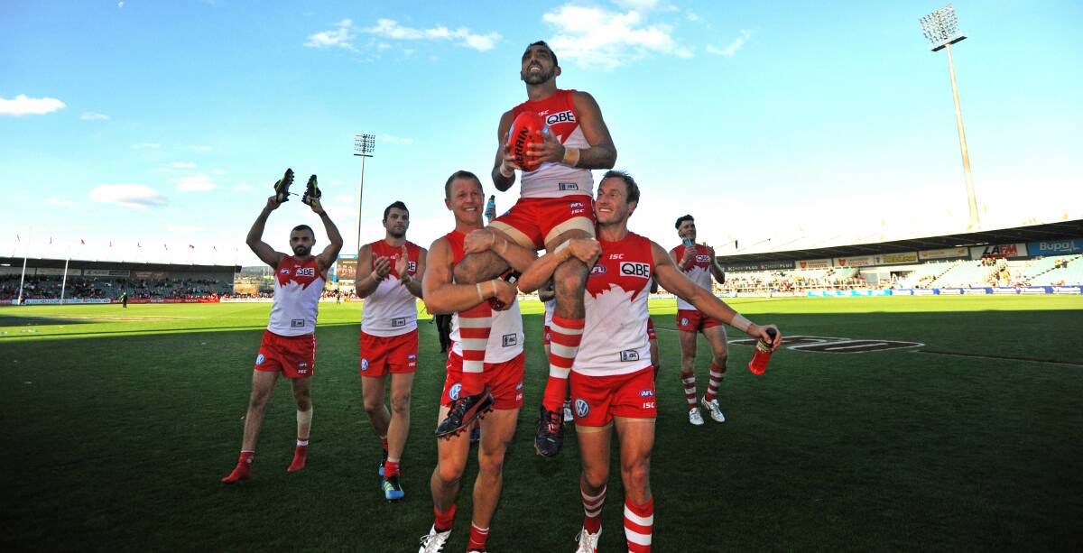 LEGEND: Adam Goodes gets chaired off York Park after his 304th game for Sydney. 