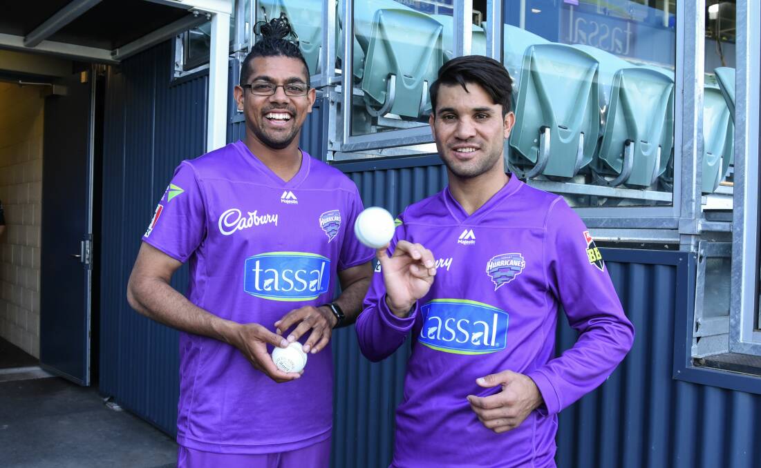 Spin twins: Clive Rose and Qais Ahmad prepare for the Hobart Hurricanes' clash against Melbourne Stars at UTAS Stadium. Picture: Neil Richardson