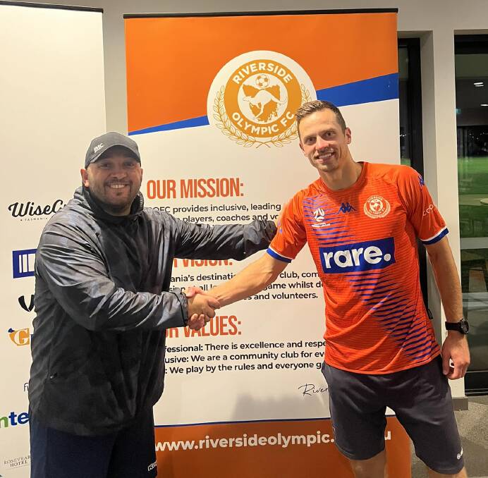 Riverside Olympic coach Helder Dos Santos Silva greets his new recruit Gediminas Krusa. Picture supplied