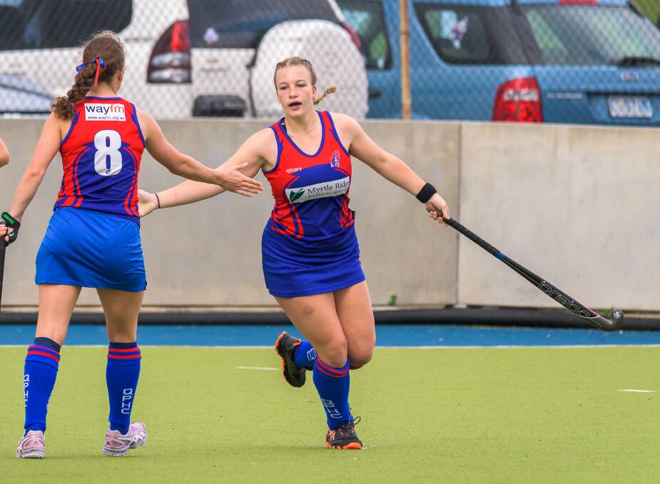 Stars: Queechy's Isabella McRobbie celebrates a goal with Lucy Cooper. Picture: Simon Sturzaker