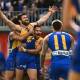 He'll kick them: West Coast's Josh Kennedy is swarmed by teammates after doing what he did best, kick goals. Pictures: Twitter