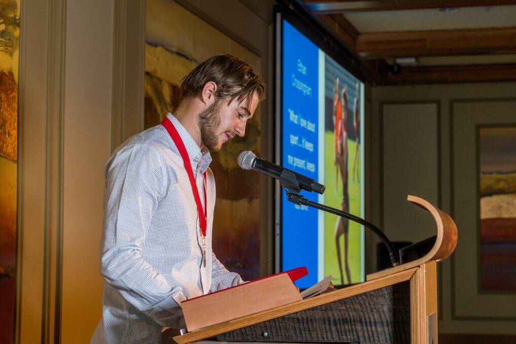 Honoured: 2018 Phil Edwards Bursary recipient Ethan Crossingham receives his award and reads his essay at last year's Junior Sports Awards dinner held at Country Club Tasmania. Picture: Phillip Biggs