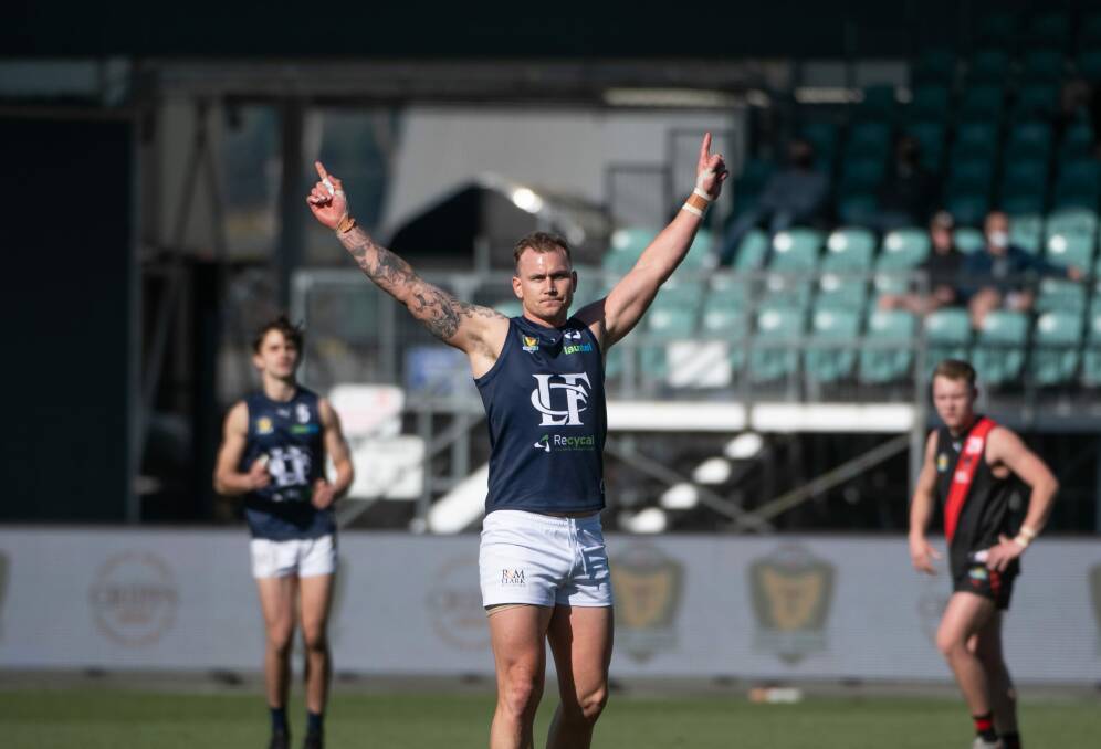 Launceston coach Mitch Thorp celebrates after kicking the first goal of the 2021 TSL grand final in just his fourth game of the season. Picture by Paul Scambler