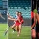 Emma Castles, Ruby Hall and Maggie Chen will play at Geelong's Kardinia Park on Sunday. Pictures: Paul Scambler, Josh Partridge