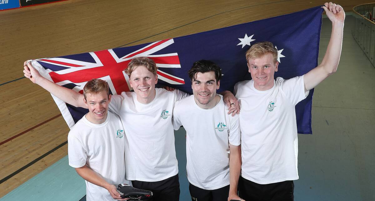 READY: Launceston's Josh Duffy (far right) with his team pursuit teammates Graeme Frislie, James Moriarty and Conor Leahy. Duffy is one of several Tasmanians in action on Friday. Picture: Sarah Reed
