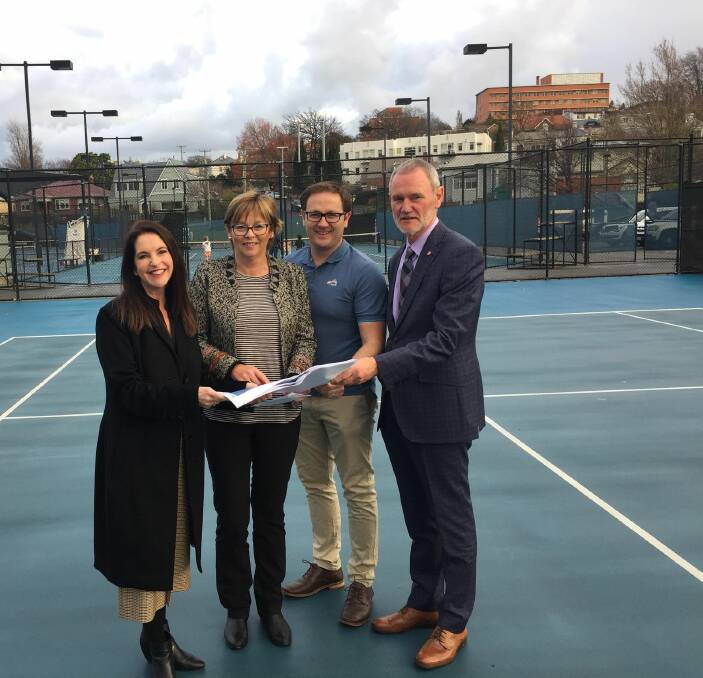 ALL IN: Sports minister Jane Howlett, Tennis Tasmania's Pip Leedham and Simon Aufder-Heide and Mayor Albert van Zetten. Picture: Josh Partridge