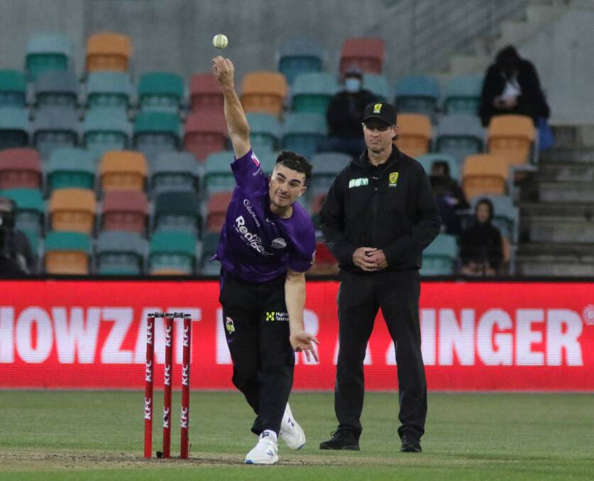 Precision: English international import Jordan Thompson bowls a slower ball for the Hobart Hurricanes. Picture: Rick Smith