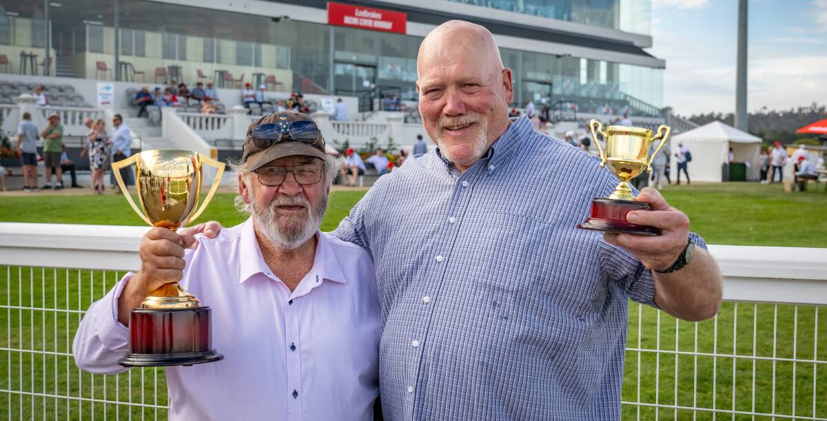 Owners Ray Nicholson and Grant Thorson celebrate winning the Launceston Cup.