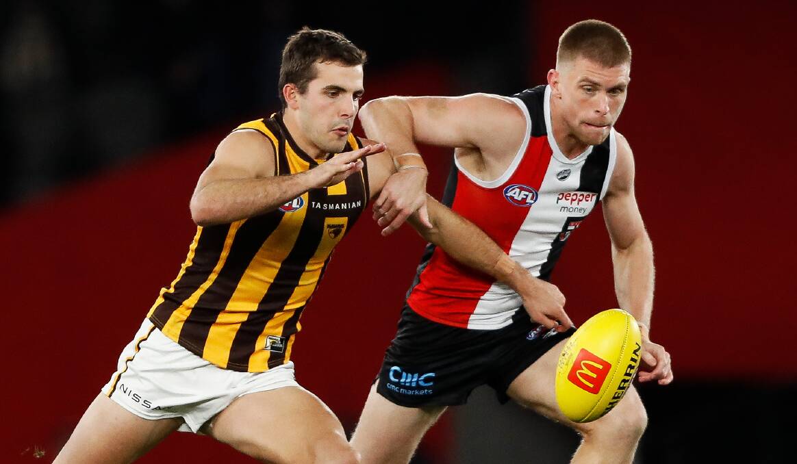 CLOSE QUARTERS: Hawthorn's Finn Maginness and St Kilda's Seb Ross do battle last week. Picture: Getty Images