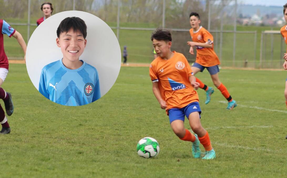 Jeho Ryuo in action for Riverside Olympic. Inset: Jeho smiling in his Melbourne City uniform. Pictures supplied