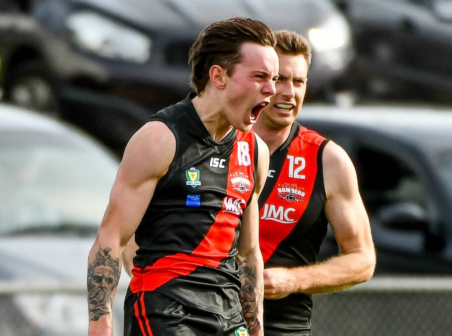 Let's go: Former North Launceston player Rhyan Mansell celebrates a goal against Launceston. The defender will make his SANFL debut on Saturday.