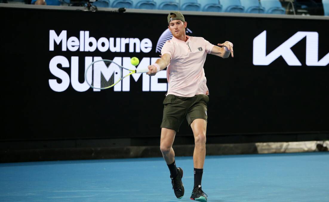 Next level: Hobart's Harry Bourchier hits a forehand en route to victory over Marc Polmans at the Murray River Open. Picture: Getty Images