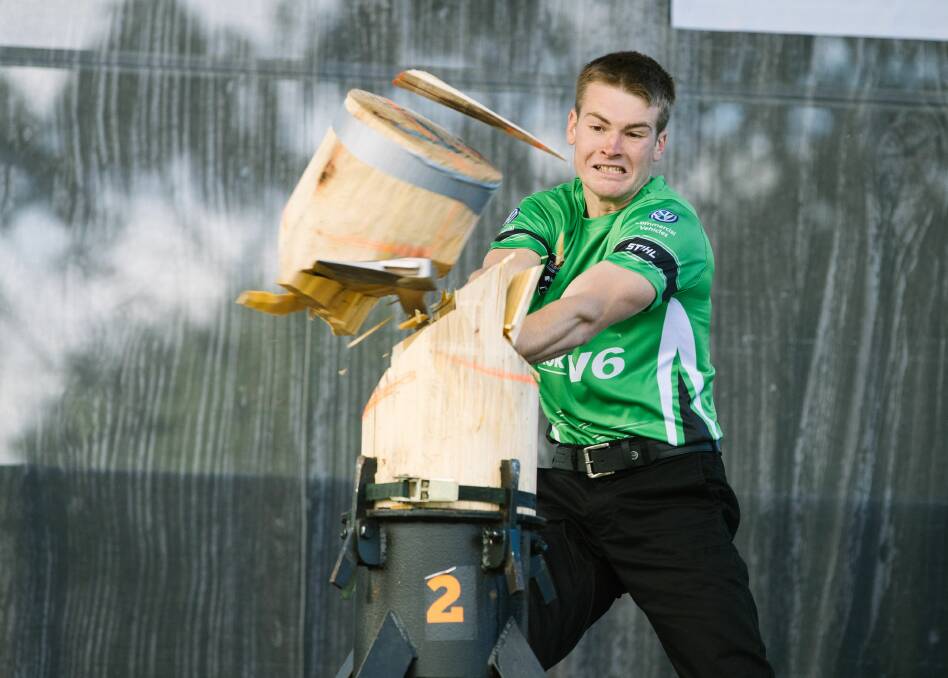 Grunt: Deloraine's Daniel Gurr will be in action against his father, Matthew, in the tree-felling event. 