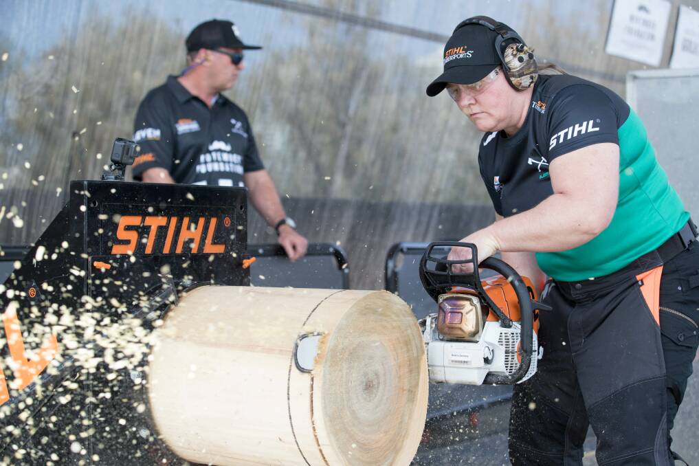 Glide through: 2017 Australian Stihl timbersports champion Amanda Beams competing in last year's event. Picture: Supplied