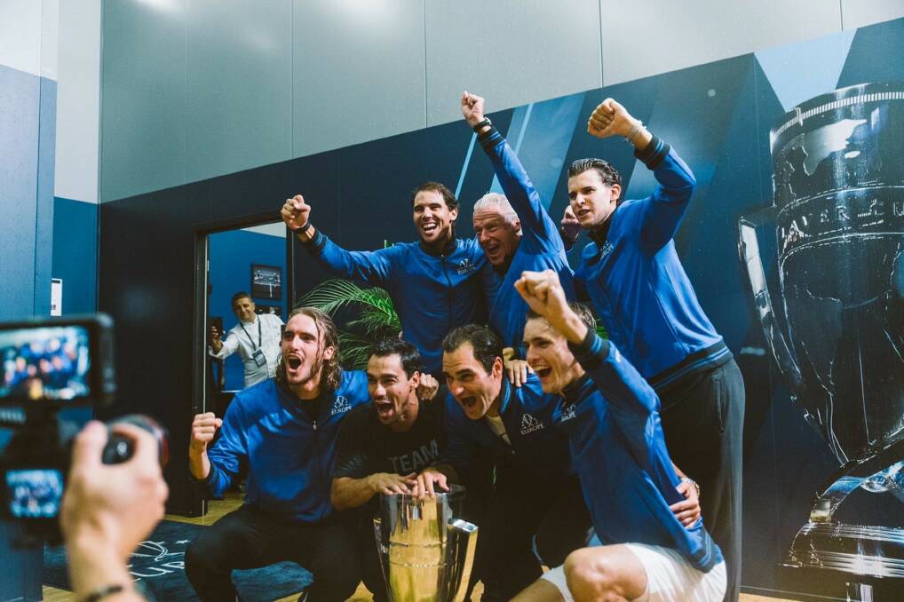 Celebration: Team Europe filled with stars Stefanos Tsitsipas, Fabio Fognini, Rafael Nadal, Bjorn Borg (coach), Roger Federer, Dominic Thiem and Alex Zverev. Picture: Twitter