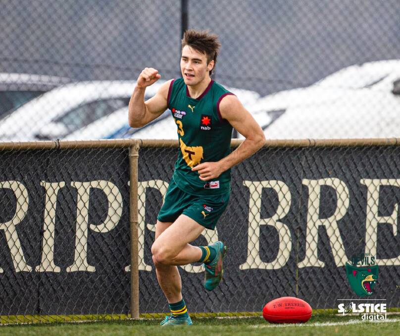 STAR: North Launceston's Seth Campbell, pictured playing for Tasmania Devils, kicked 10 in just his third Tasmanian State League game. Picture: Solstice Digital