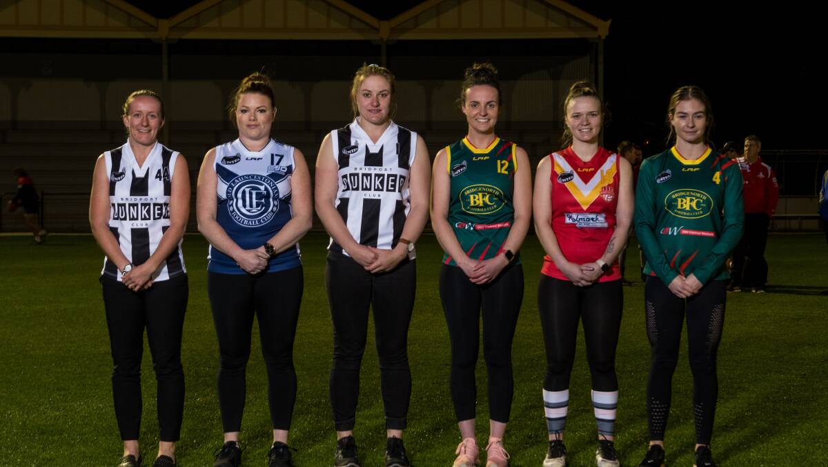 Cream of the crop: Captains of NTFAW outfits Scottsdale, Old Launcestonians, Bridgenorth and Meander Valley. Picture: Phillip Biggs