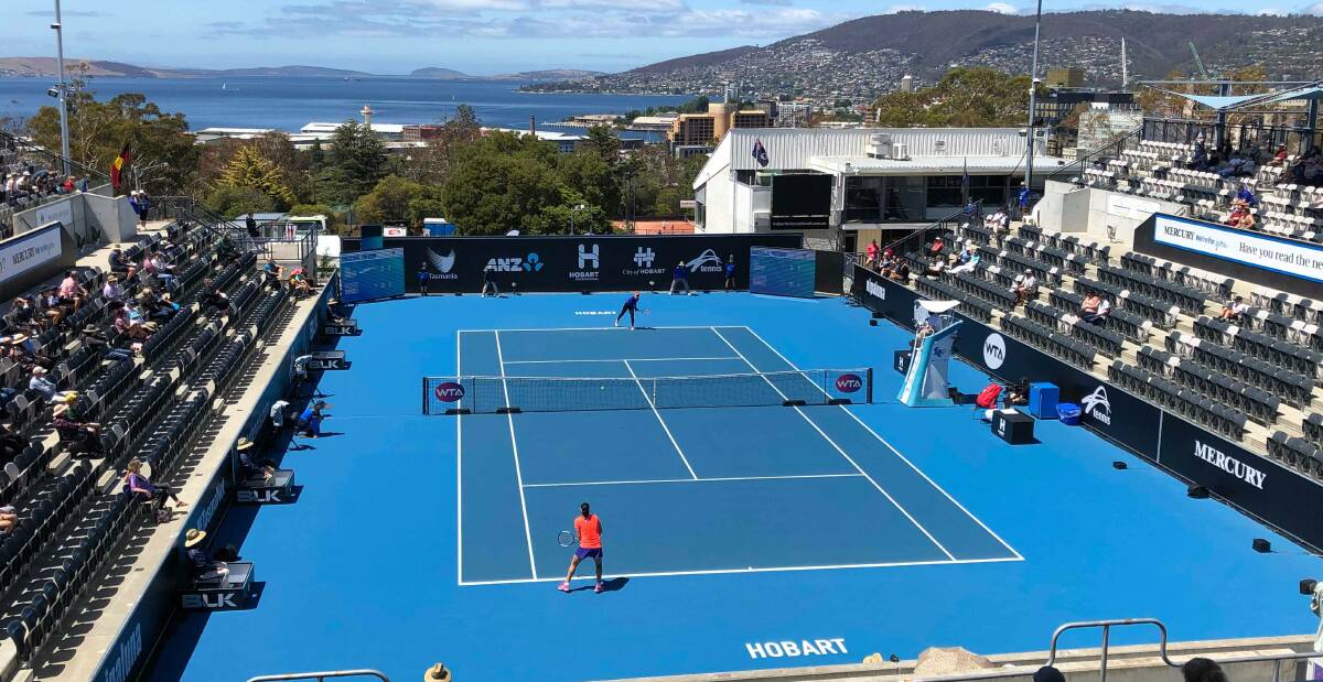 Hard hit: Qualifying action in the Hobart International over the weekend. Picture: Tennis Tasmania