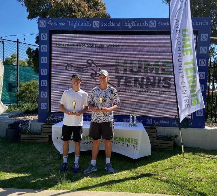 Victorious: Jake Elmer and Oliver Hadley celebrate winning the 16-and-under doubles event in Cragieburn, Victoria. Picture: Instagram 
