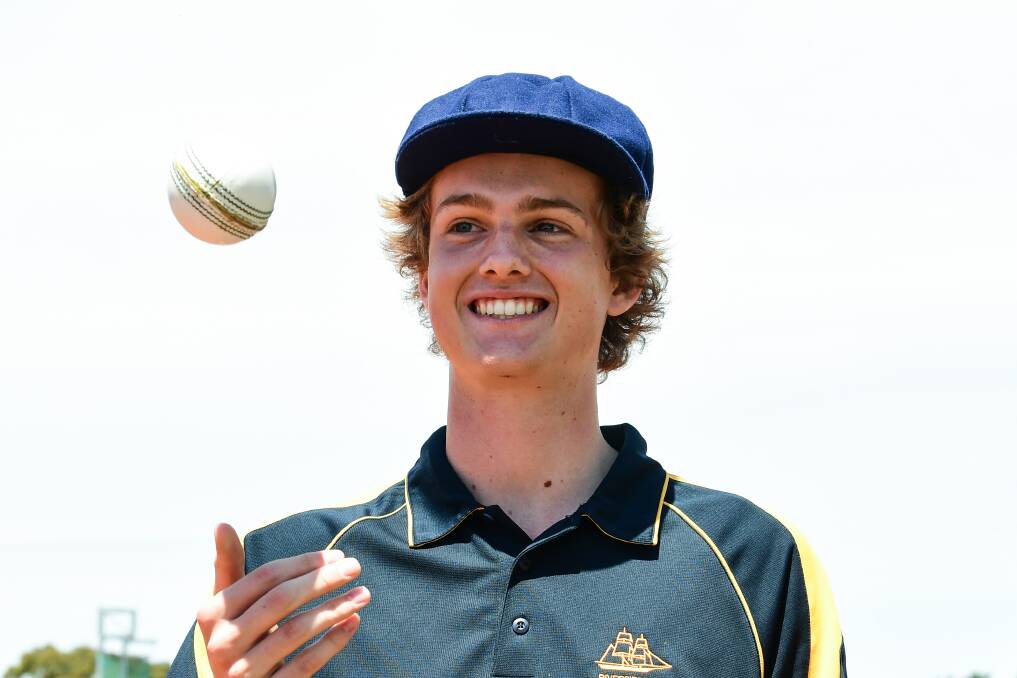 EAR TO EAR: Riverside High's Tom Stevenson celebrates his six-wicket haul in the NHSSA Hurricanes high school championships. Picture: Neil Richardson