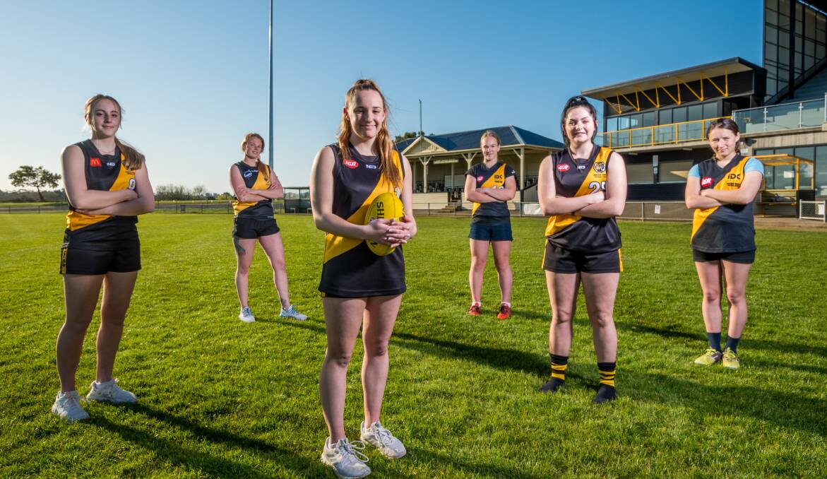 Squadron: Under-17s captain Jade Nichols stands in front of Shae Nichols, Crystal Blake, Summer Cherdron, Piper Bunton and Katie Ambrus. Picture: Phillip Biggs