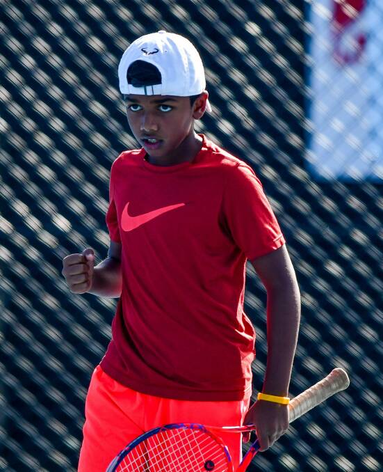 Fired Up: Under 12s number one seed, Victoria's Maita Munyimani celebrates a good shot during his match against Veer Chaudhari. Pictures: Scott Gelston