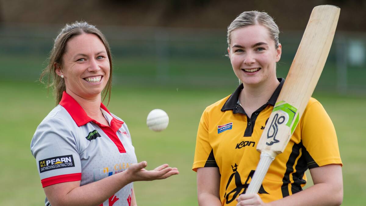Let's go: Bracknell's Amy Buettel and Longford's Emma Humphries are all smiles before their weekend grand final. Pictures: Phillip Biggs