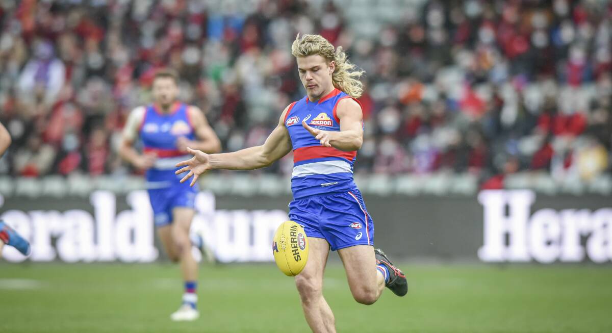 Western Bulldogs' Bailey Smith runs down the wing in search of a target during last season's elimination final in Launceston. Picture: Craig George