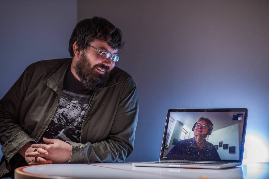 EXCITED: James Riggall in a meeting with Bruce Wolcott who he will connect with in the US. Picture: Scott Gelston