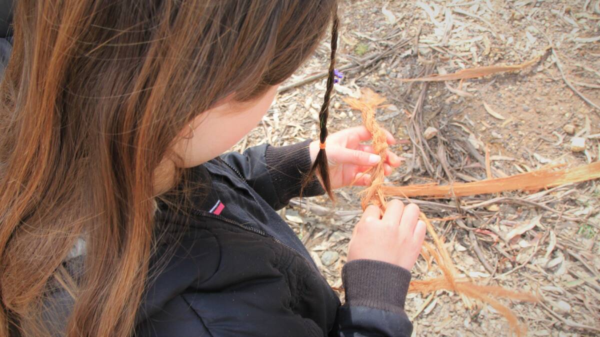 Making a cord by twisting natural plant fibres found in native bush. 