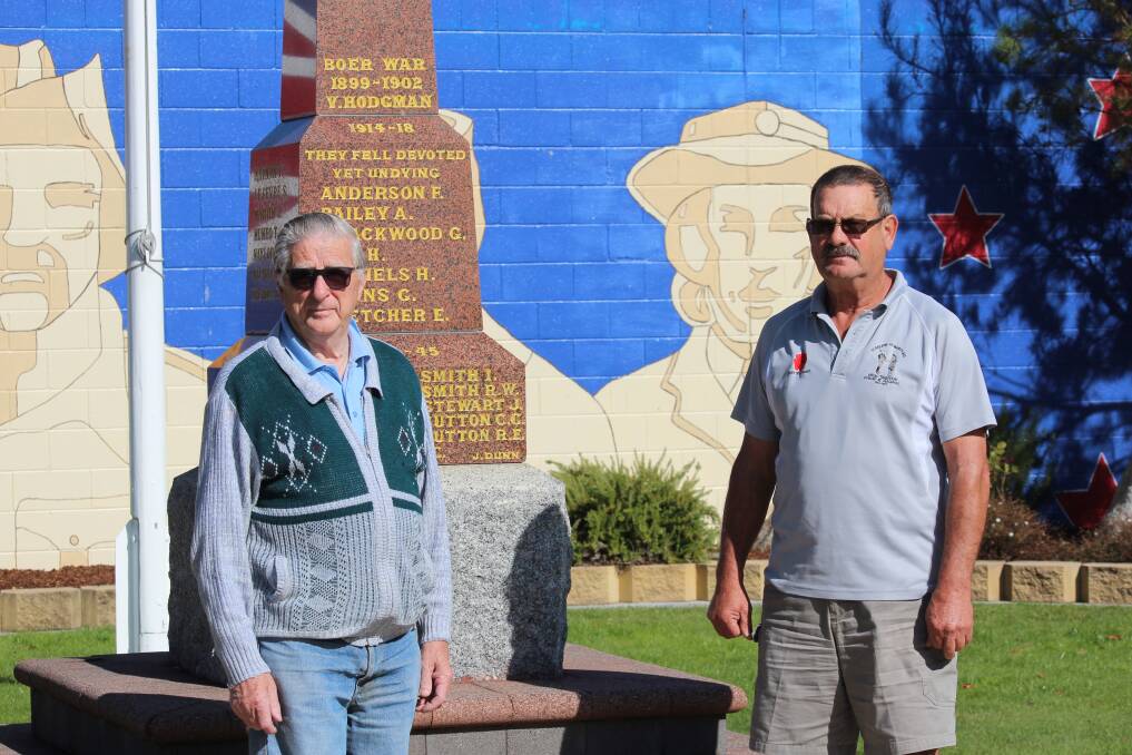 PREPARED: St Helens RSL sub-branch secretary and treasurer Harry Jager with sub-banch president Wayne Cubitt at the St Helens cenotaph. Picture: Holly Monery