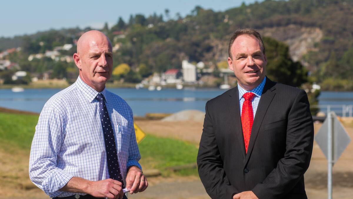 Treasurer Peter Gutwein and Launceston Chamber of Commerce Tim Holder beside the Tamar River at North Bank, Invermay. Picture: Phillip Biggs