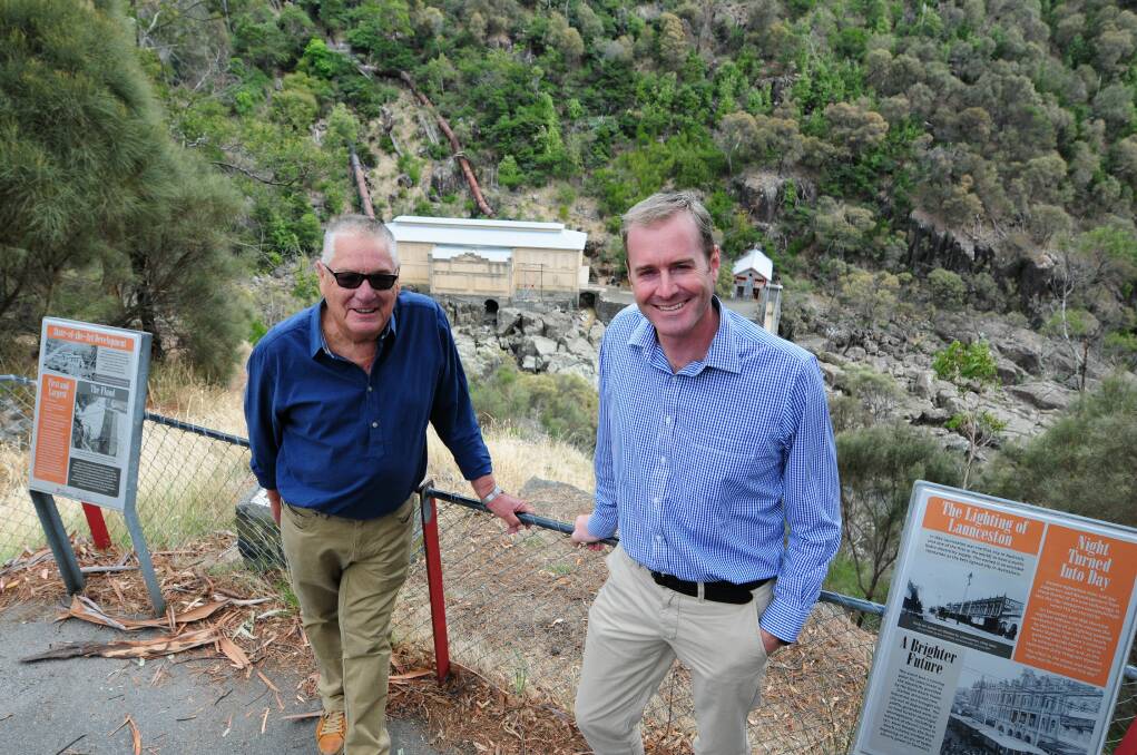 HISTORIC IMPORTANCE: Chairman of the Duck Reach Historical Group, Shane Dennington, with Bass Liberal MHA Michael Feguson at the lookout near Launceston's Duck Reach Power Station. Picture: Paul Scambler