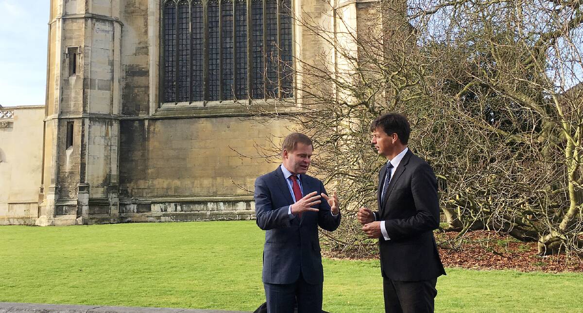 STUDY TRIP: University of Tasmania Vice-Chancellor Professor Peter Rathjen and Assistant Minister for Cities Angus Taylor at Cambridge in the UK. Picture: Supplied