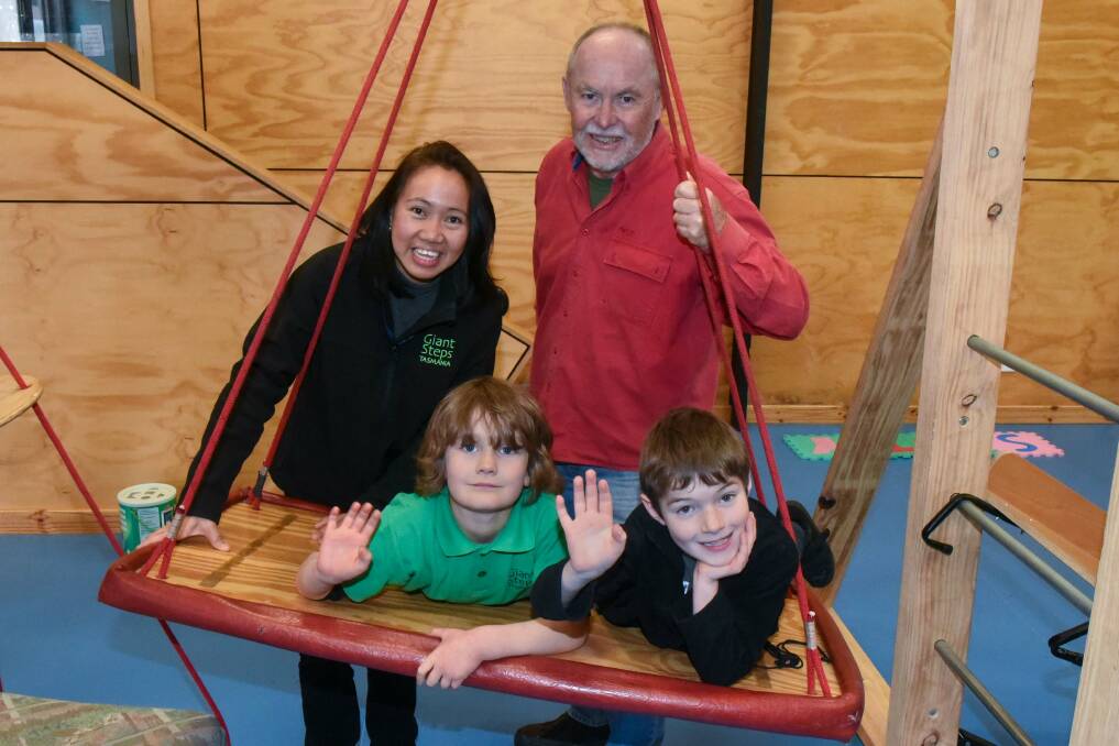 THANKYOU: Occupational therapist Siaren Lacangan and Tim Biggs the Deloraine Craft Fair director with Elliott and Callan at Giant Steps. Picture: Neil Richardson
