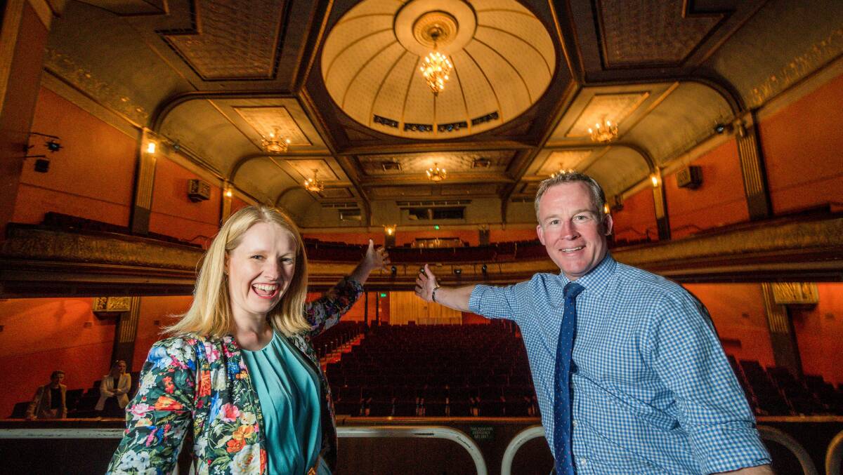 PRESENTING THE PRINCESS: Festival manager Jane Forrest and Premier Will Hodgman announcing the Australian Musical Theatre Festival at the Princess Theatre. Picture: Phillip Biggs 