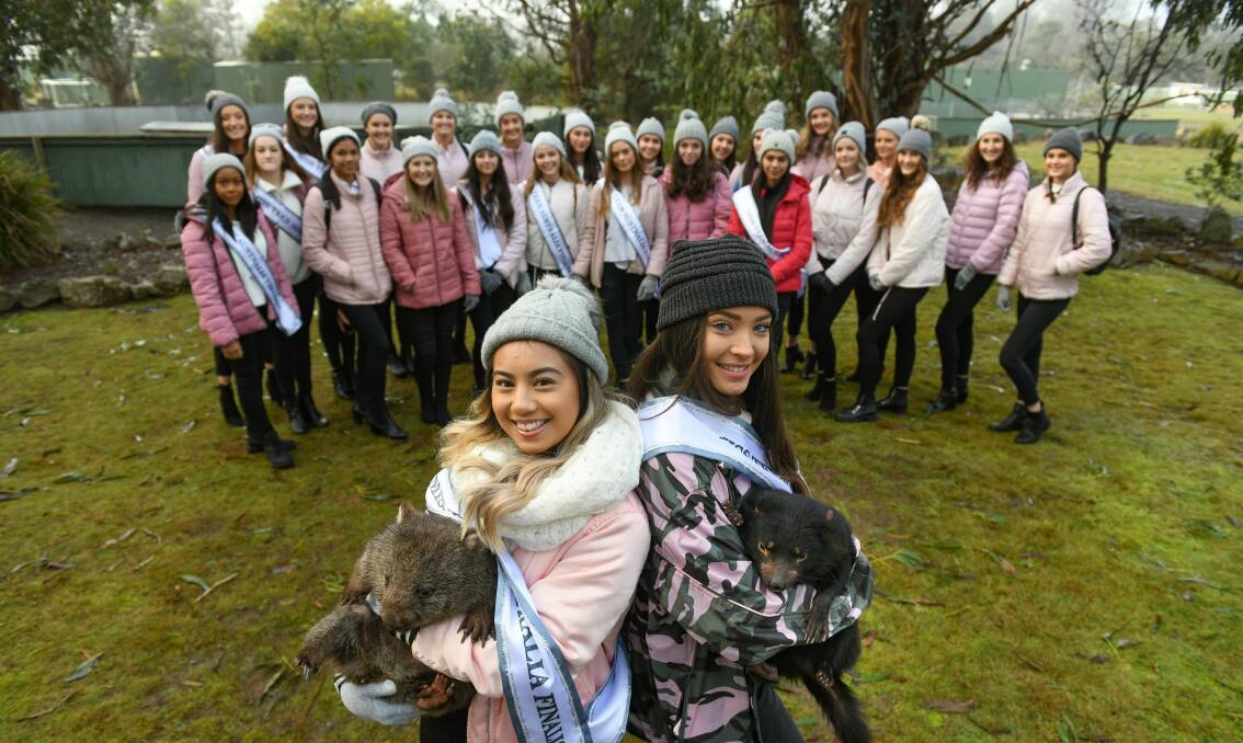 WELCOME TO TASSIE: Sade Goldsmith of Queensland gets a cuddle with Opra the Tasmanian Devil while Chloe Talan of NSW is with Inala the wombat. Picture: Paul Scambler 