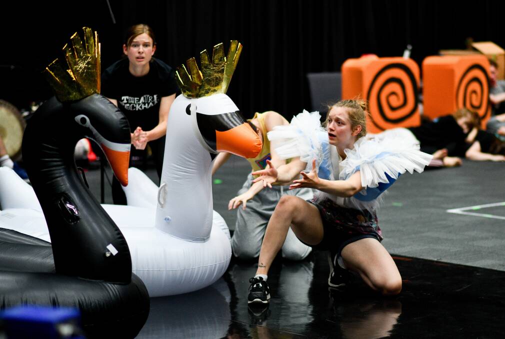 Launceston College students including the Prince of Tasmania (left) rehearse their roles in King Ubu. 