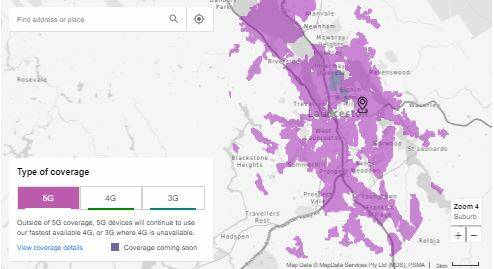 5G coverage in Launceston. The purple areas have 5G available. Picture: Telstra