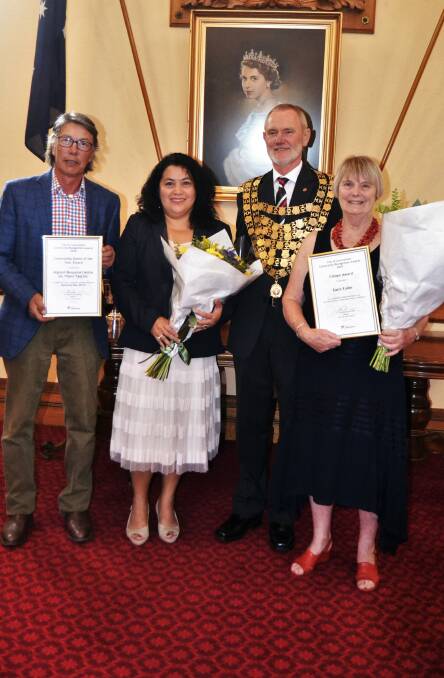 RECOGNISED: Migrant Research Centre North chairman Roger Tyshing and chief executive Ella Dixon, City of Launceston mayor Albert van Zetten, and Carol Fuller. Picture: Frances Vinall