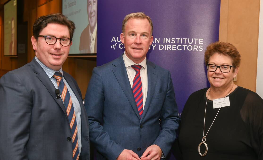 John Devine, Will Hodgman, and AICD Tasmania president Janine Healey.