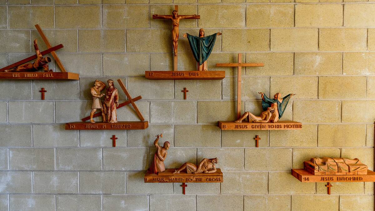The Stations of the Cross on the church wall. Picture: Scott Gelston 