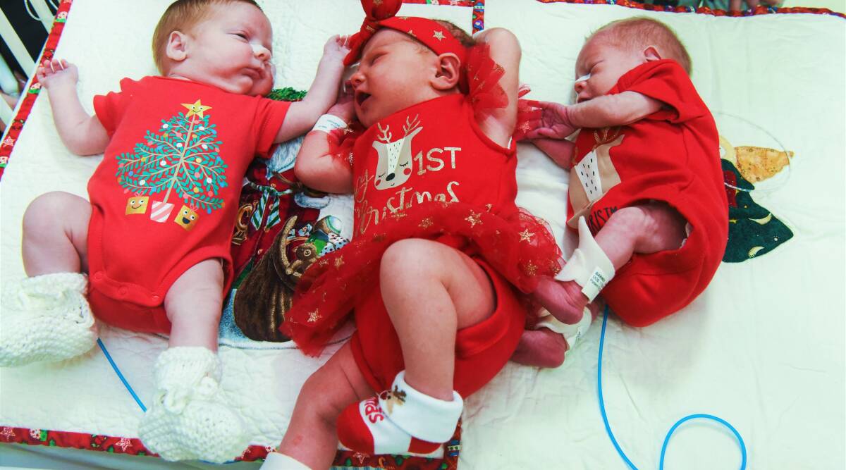 FIRST CHRISTMAS: Evelyn Rose, Gabriella Rose Beuermann and Charlie Roughley spent Christmas in the neonatal ward. Picture: Neil Richardson 