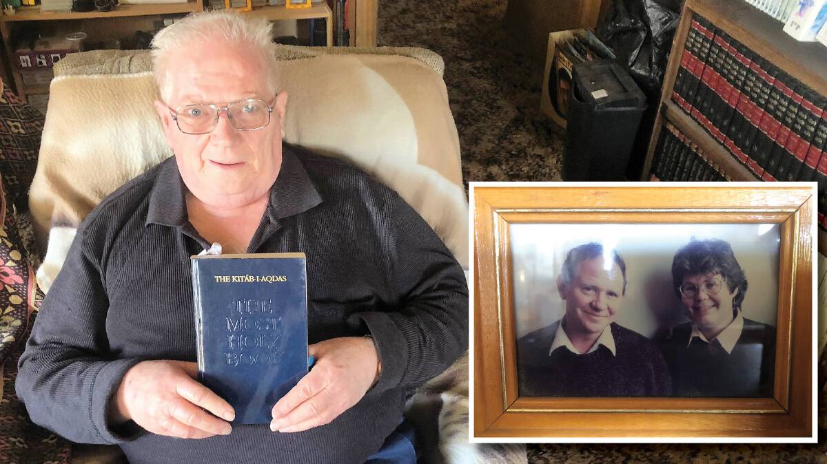 FAITHFUL: Keith James with the Baha'i religious text, Kitab-I-Aqdas, and inset, Keith and Jean James. Pictures: Frances Vinall